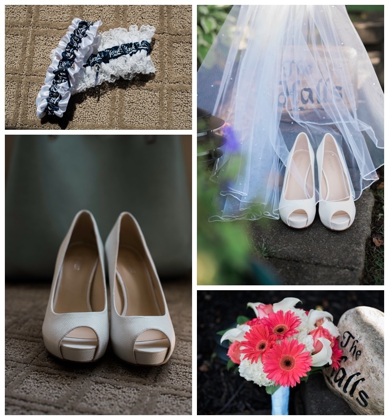 Bridal accessories including garter, bouquet, veil, and shoes.